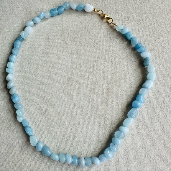 Aquamarine Beaded Necklace 14k Gold Plated Chain 18 Inch - Picture 3 of 17